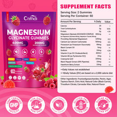 CNFHDI magnesium glycinate gummies close-up highlights raspberry flavor and sugar-free formula.