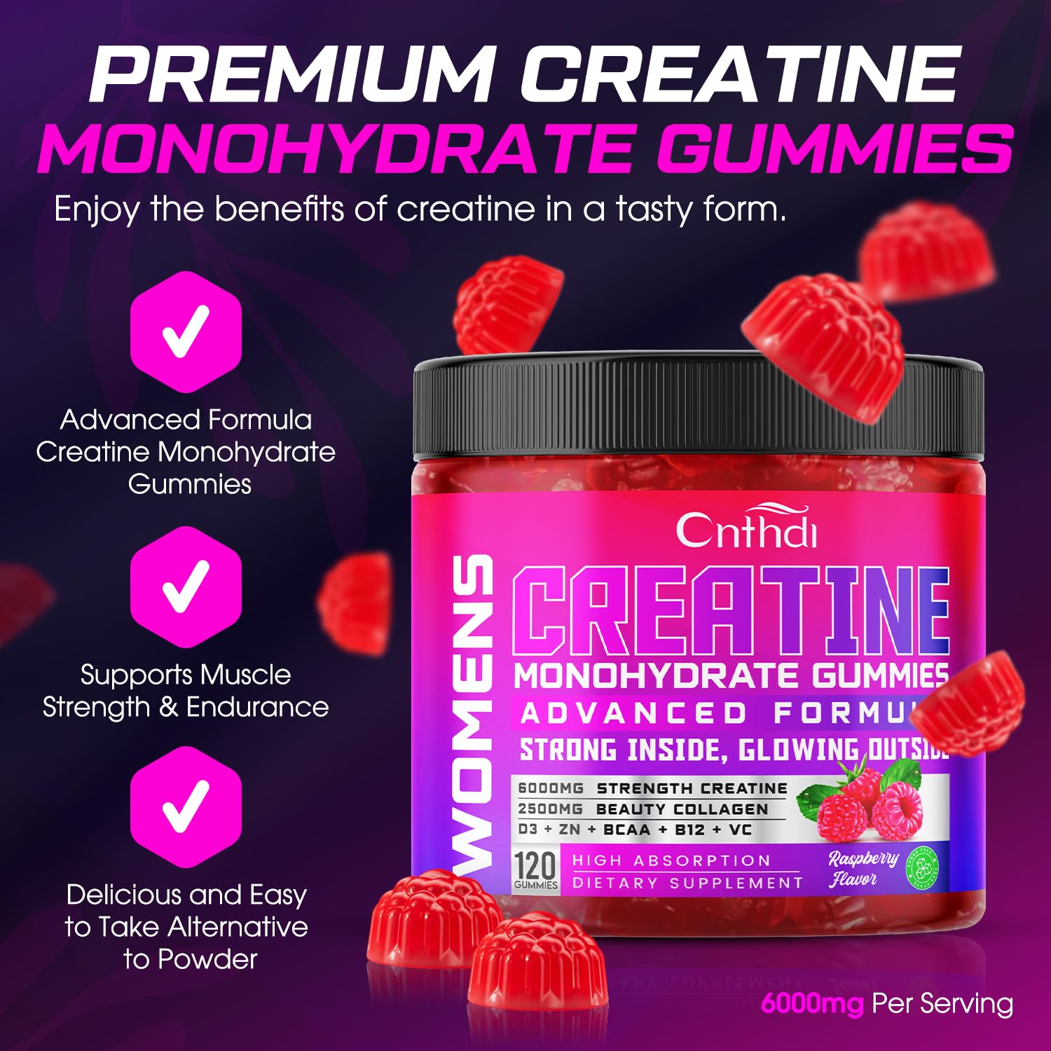 Close-up of CNFHDI raspberry-flavored gummies for easy daily pre-workout use