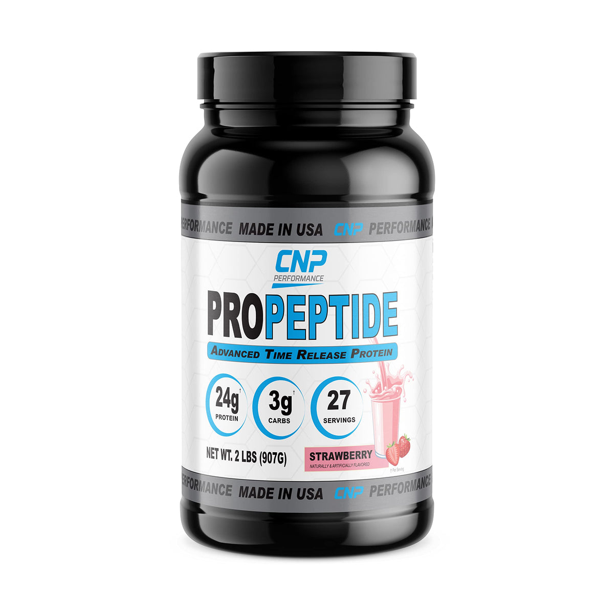 CNP ProPeptide strawberry bottle highlights post-workout protein support and recovery.