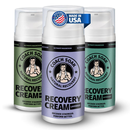 Coach Soak magnesium lotion bottle demonstrates rapid skin absorption after workouts.