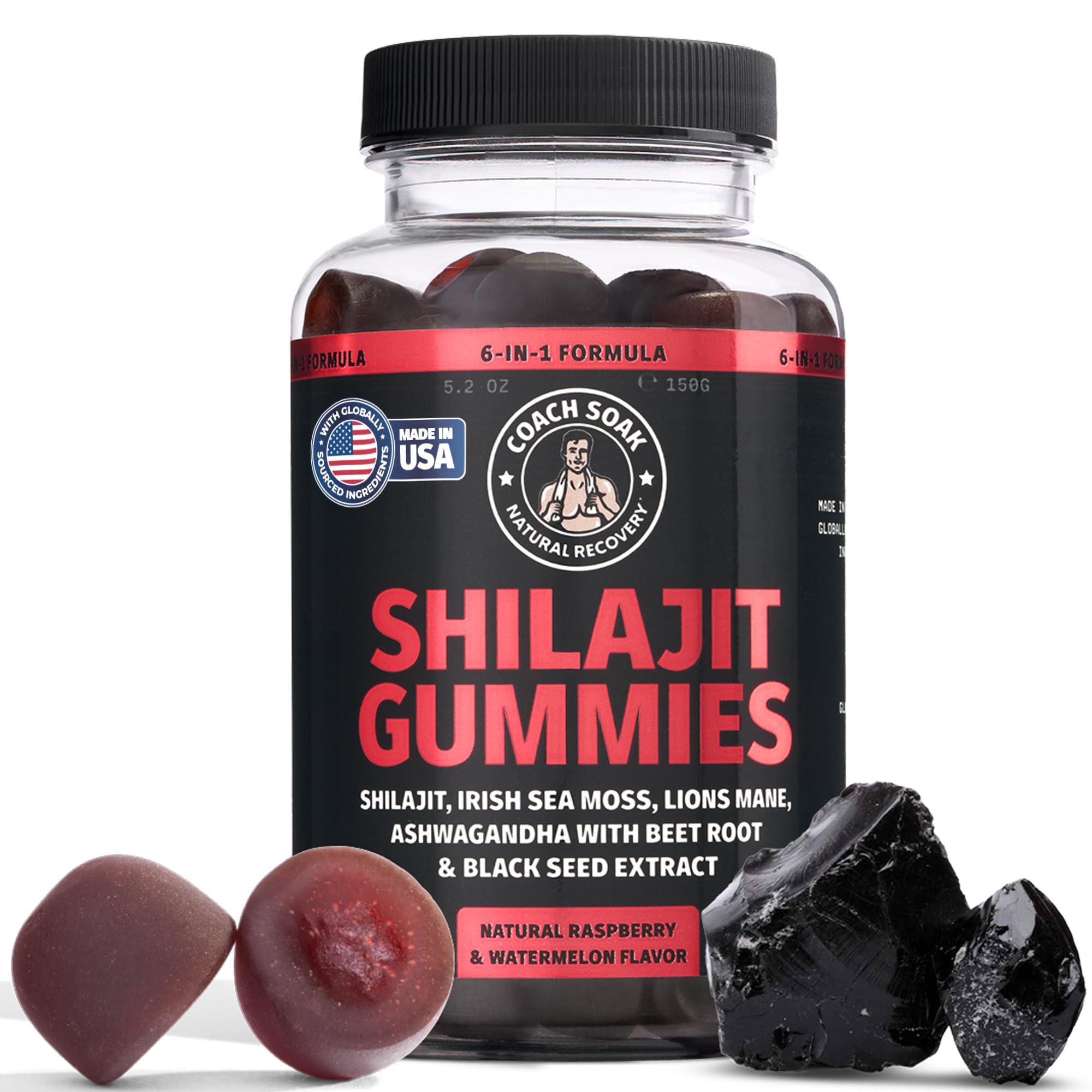 Coach Soak Shilajit Gummies raspberry-watermelon bottle for easy daily energy and focus