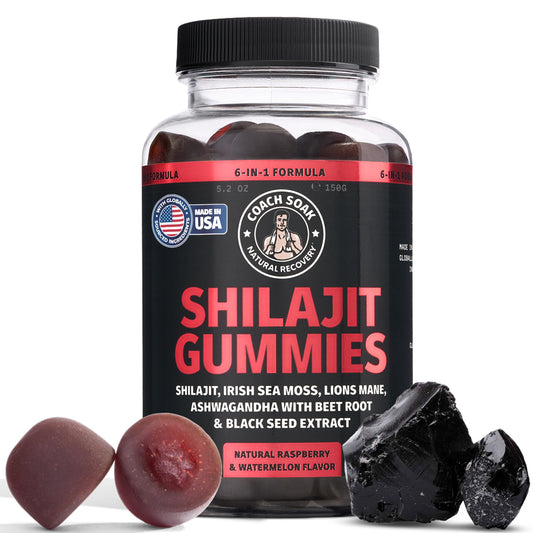 Coach Soak Shilajit Gummies raspberry-watermelon bottle for easy daily energy and focus