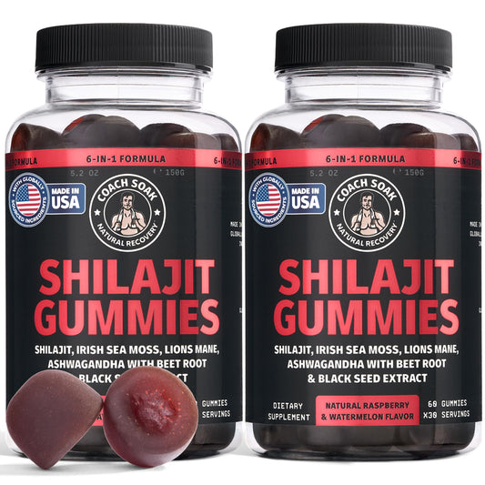 Coach Soak Shilajit Gummies raspberry-watermelon bottle for daily energy and focus.