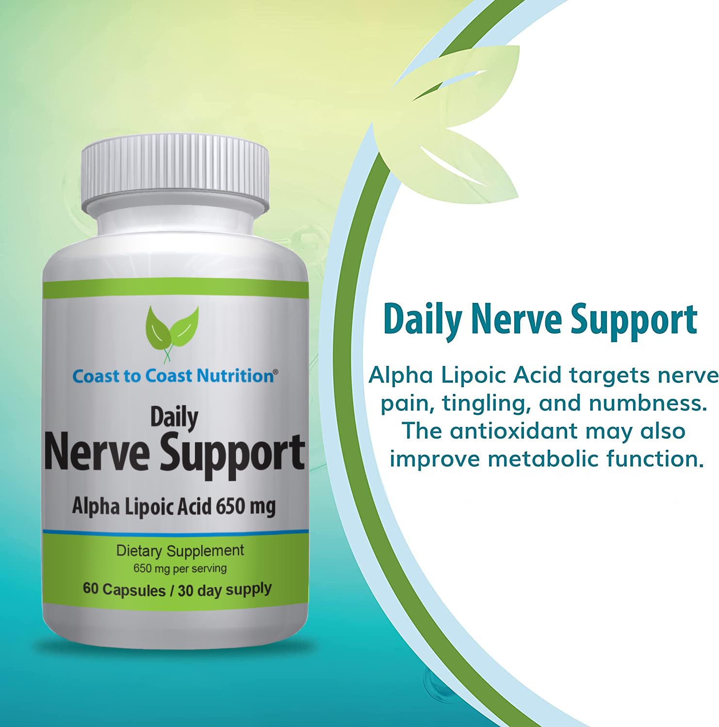 Coast to Coast Nutrition Nerve Support bottle side view showing easy-to-swallow capsules