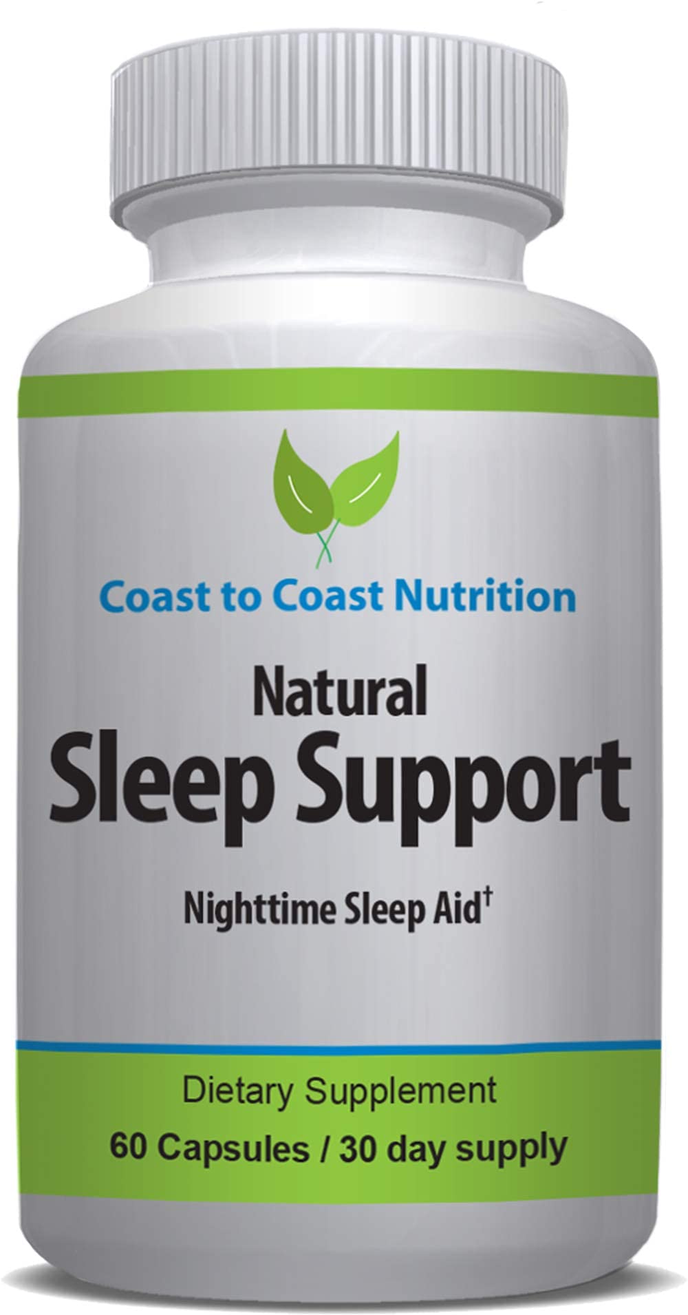 Coast to Coast Nutrition Sleep Support bottle on nightstand promotes nightly relaxation.