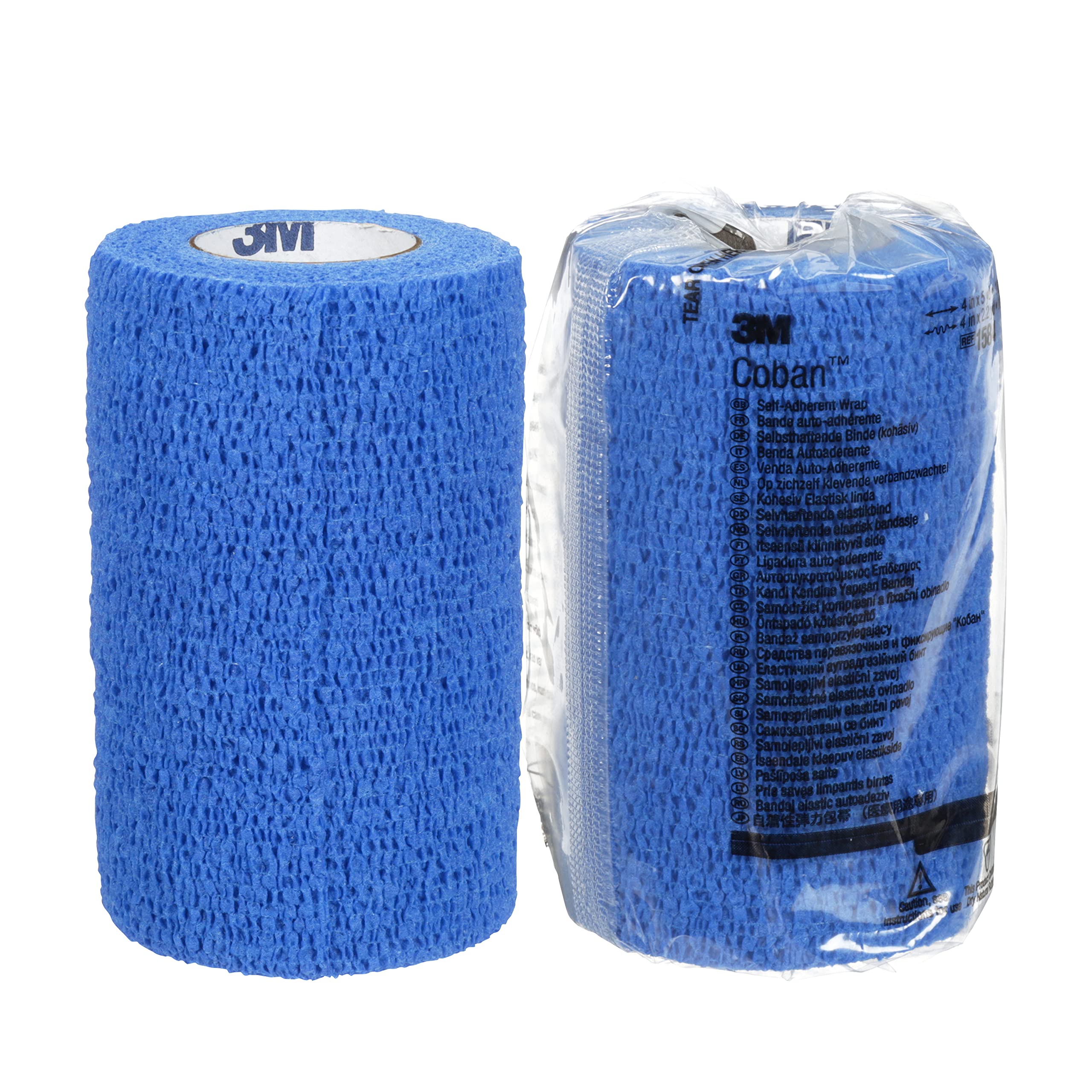 Coban self-adherent wrap blue 4in x 5yds showing secure self-adhesive compression