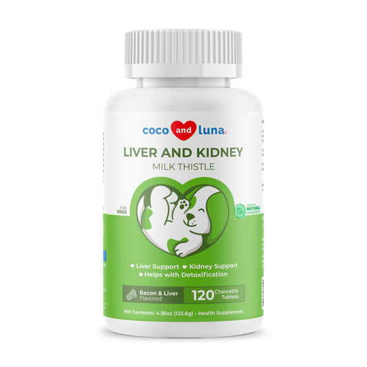 Coco and Luna Milk Thistle for Dogs bottle shot, easy chews for liver support