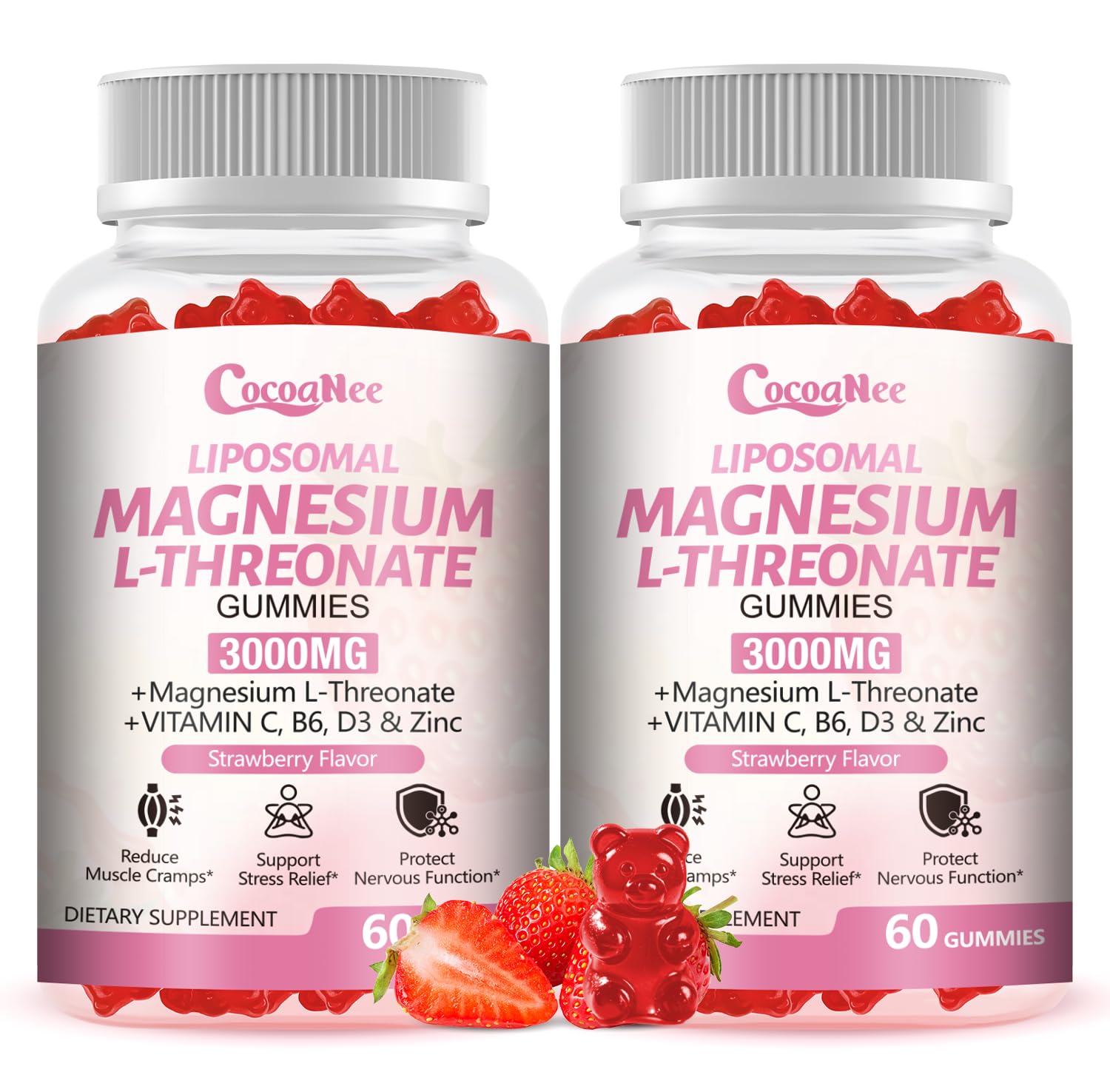 CocoaNee 3000mg Liposomal Magnesium Threonate Gummies bottle highlights high absorption.