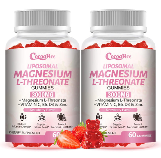 CocoaNee 3000mg Liposomal Magnesium Threonate Gummies bottle highlights high absorption.