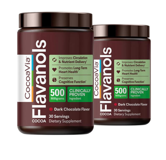 CocoaVia Cardio Health cocoa powder jar shown for daily heart-support routine