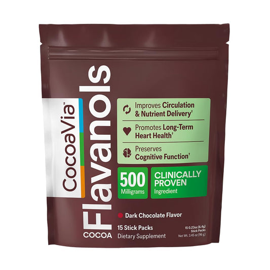 CocoVia Cardio Health Cocoa Powder packets for daily use and flavanol benefits.