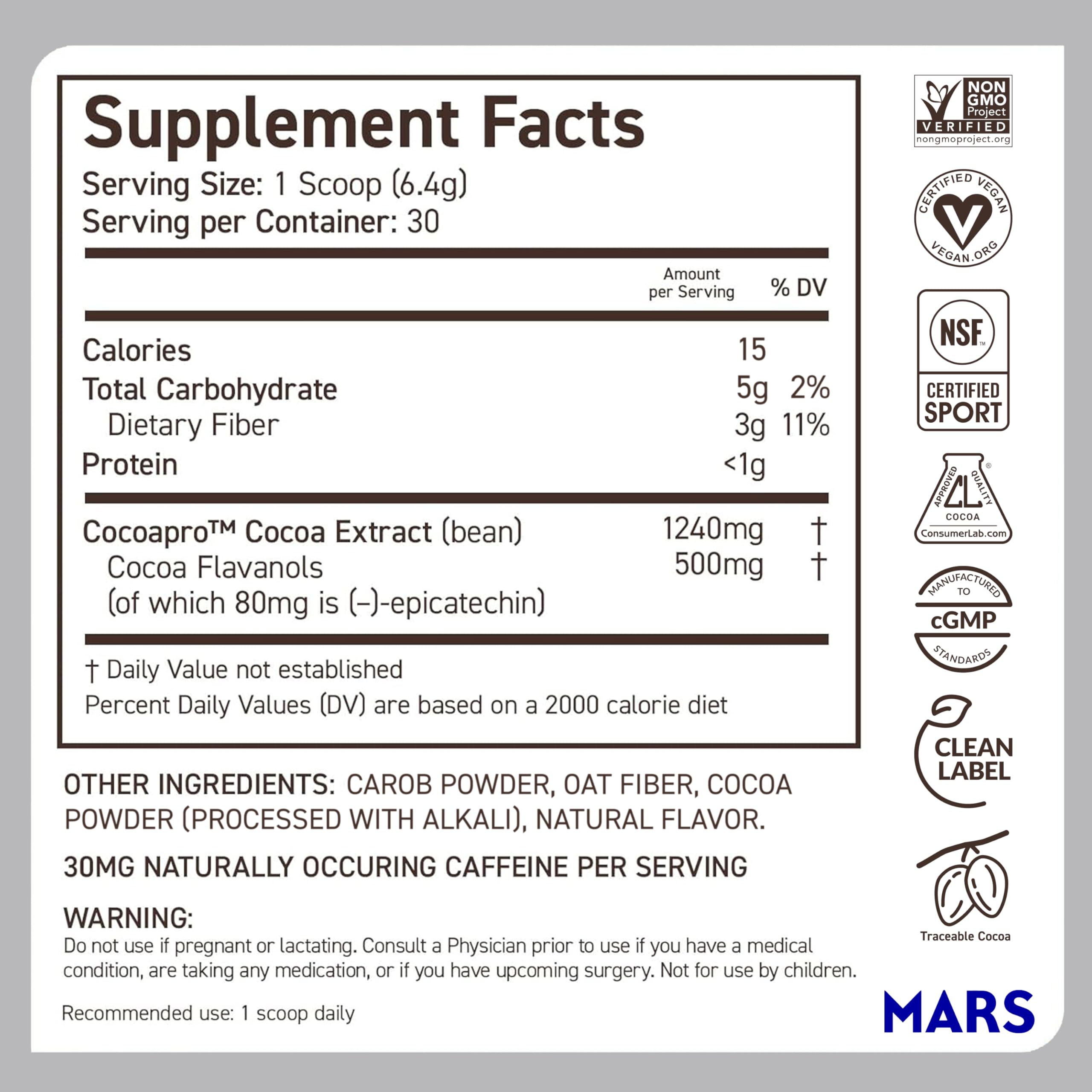 CocoaVia Cardio Health serving information label with 30 servings.