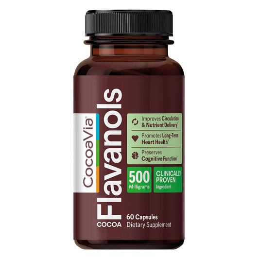 CocoaVia Cocoa Flavanols bottle label reveals 500 mg dosage for heart and brain support.