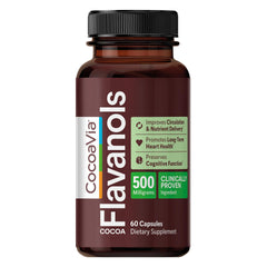 CocoaVia Cocoa Flavanols bottle label reveals 500 mg dosage for heart and brain support.