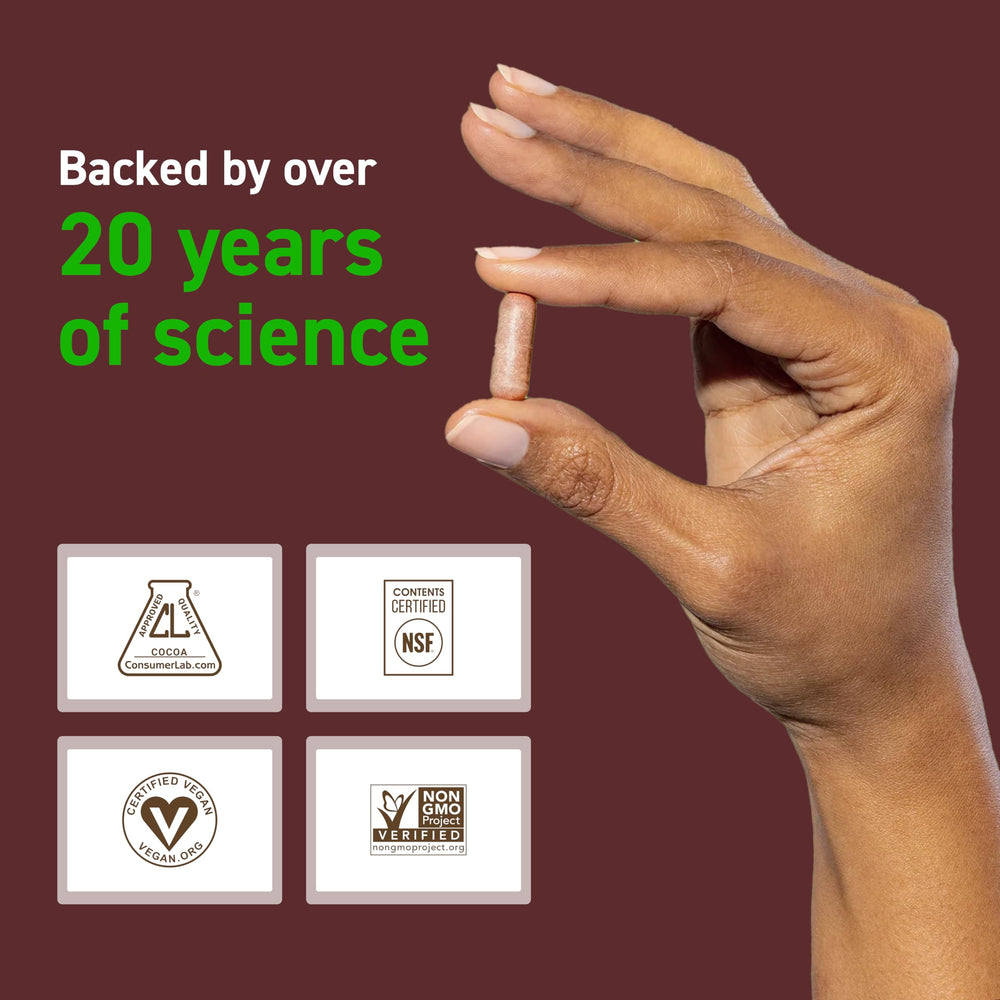 CocoaVia energy-boost graphic showing natural caffeine in a serving.