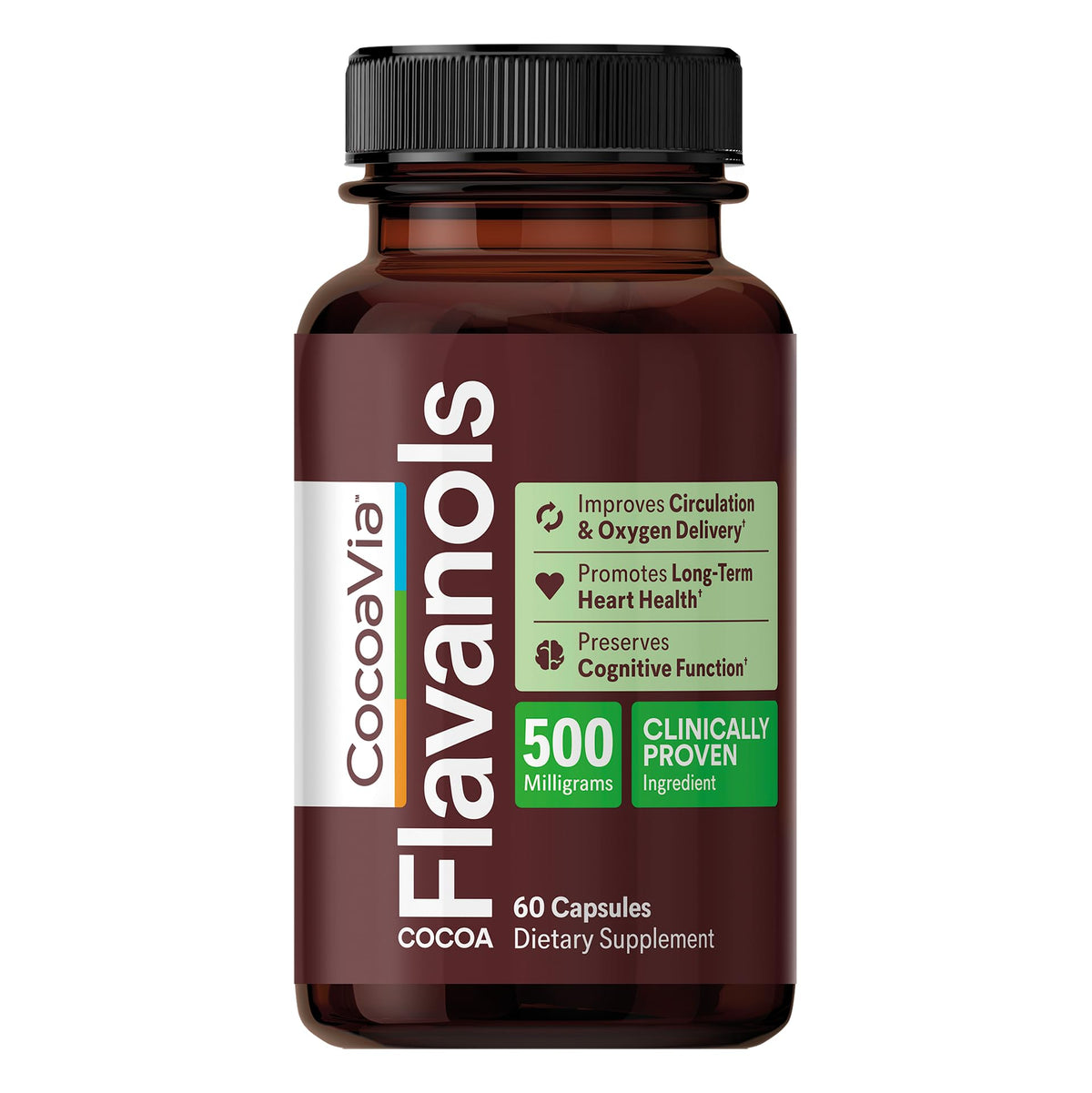 CocoaVia heart & brain supplement bottle promoting daily circulation support.