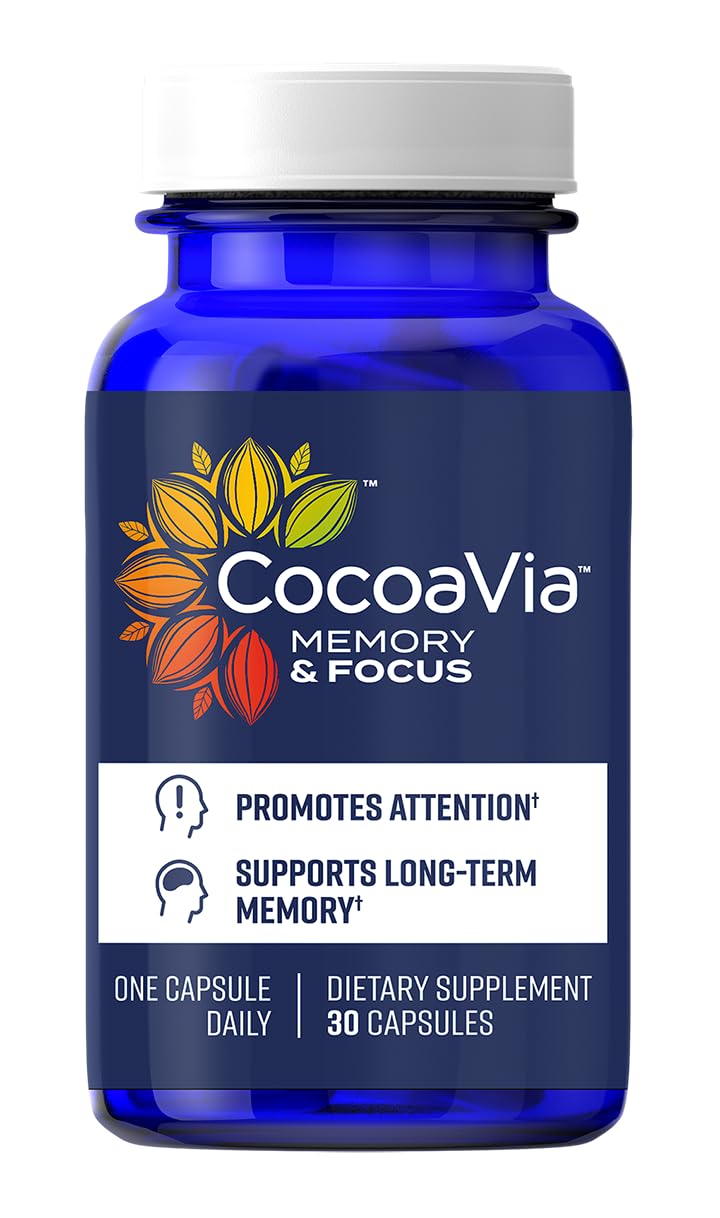 CocoaVia Memory & Focus bottle cap close-up suggesting daily brain support.