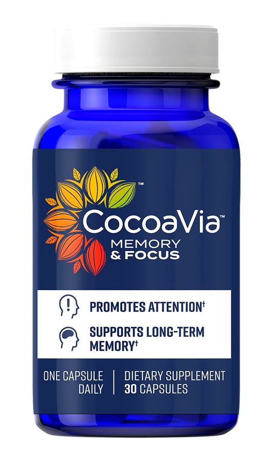 CocoaVia Memory & Focus bottle cap close-up suggesting daily brain support.