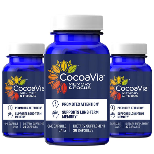 CocoaVia Memory & Focus bottle showing 90 capsules for daily cognitive support