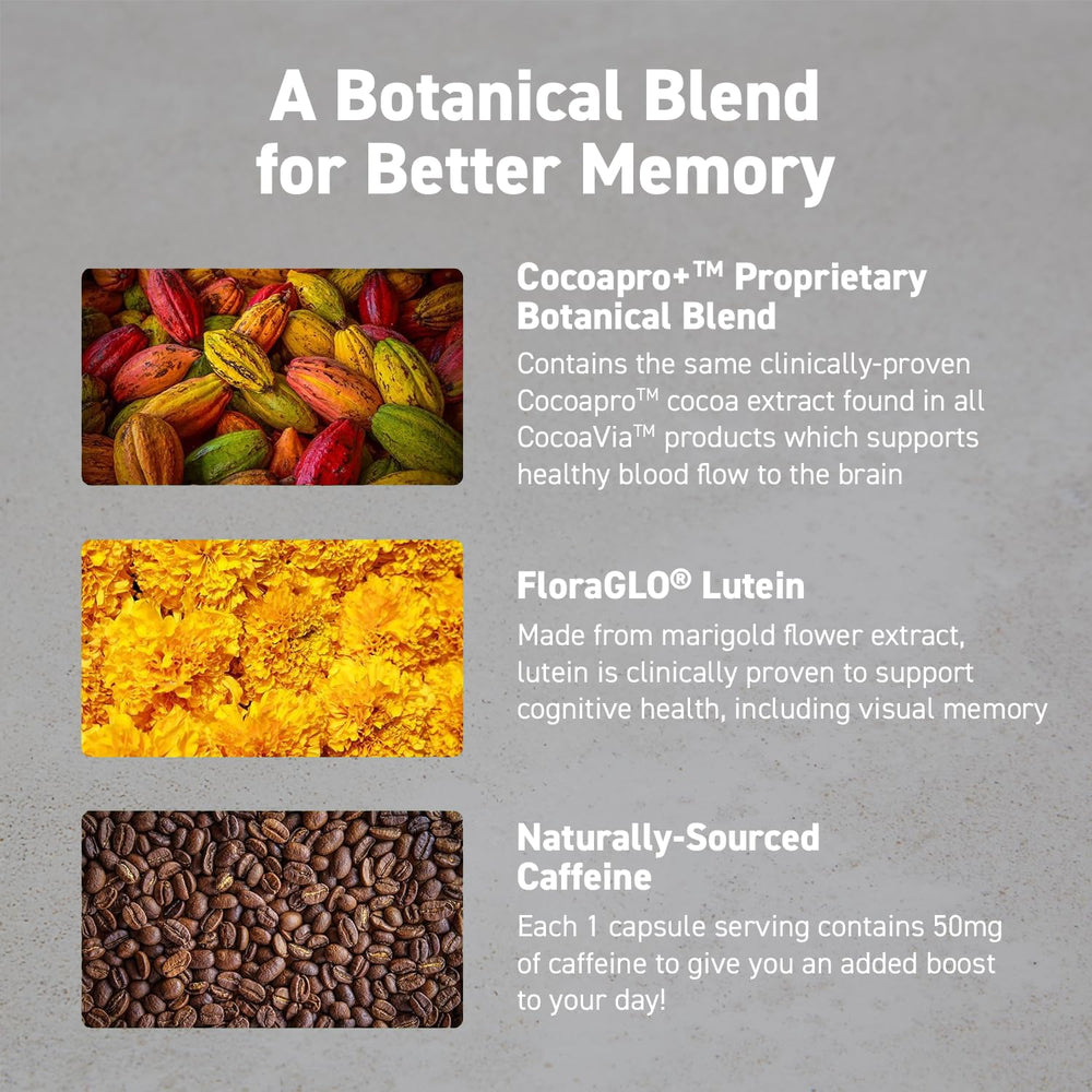 CocoaVia Memory & Focus label design highlighting ingredients.