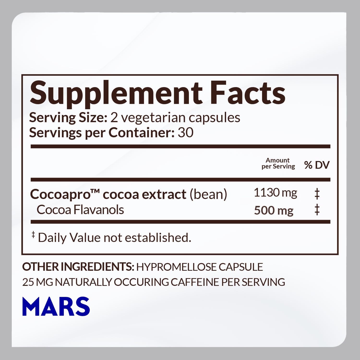 CocoaVia nutrition facts back label for informed daily use.