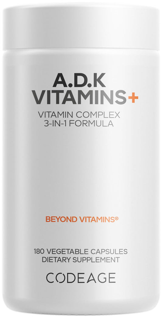 Codeage ADK vitamins bottle label highlighting essential A, D3, and K blend for daily support