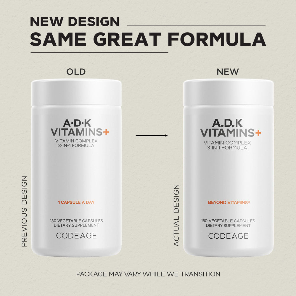 Codeage ADK vitamins front-pack view showing non-GMO and gluten-free formulation