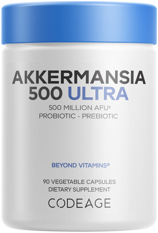 Codeage Akkermansia bottle front, high-potency probiotic capsule for daily gut support.