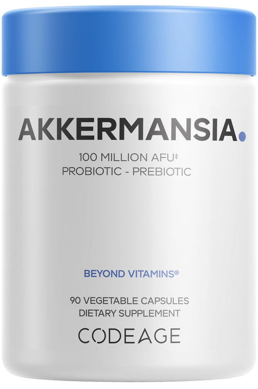 Codeage Akkermansia Muciniphila capsule for daily synbiotic support and gut balance.