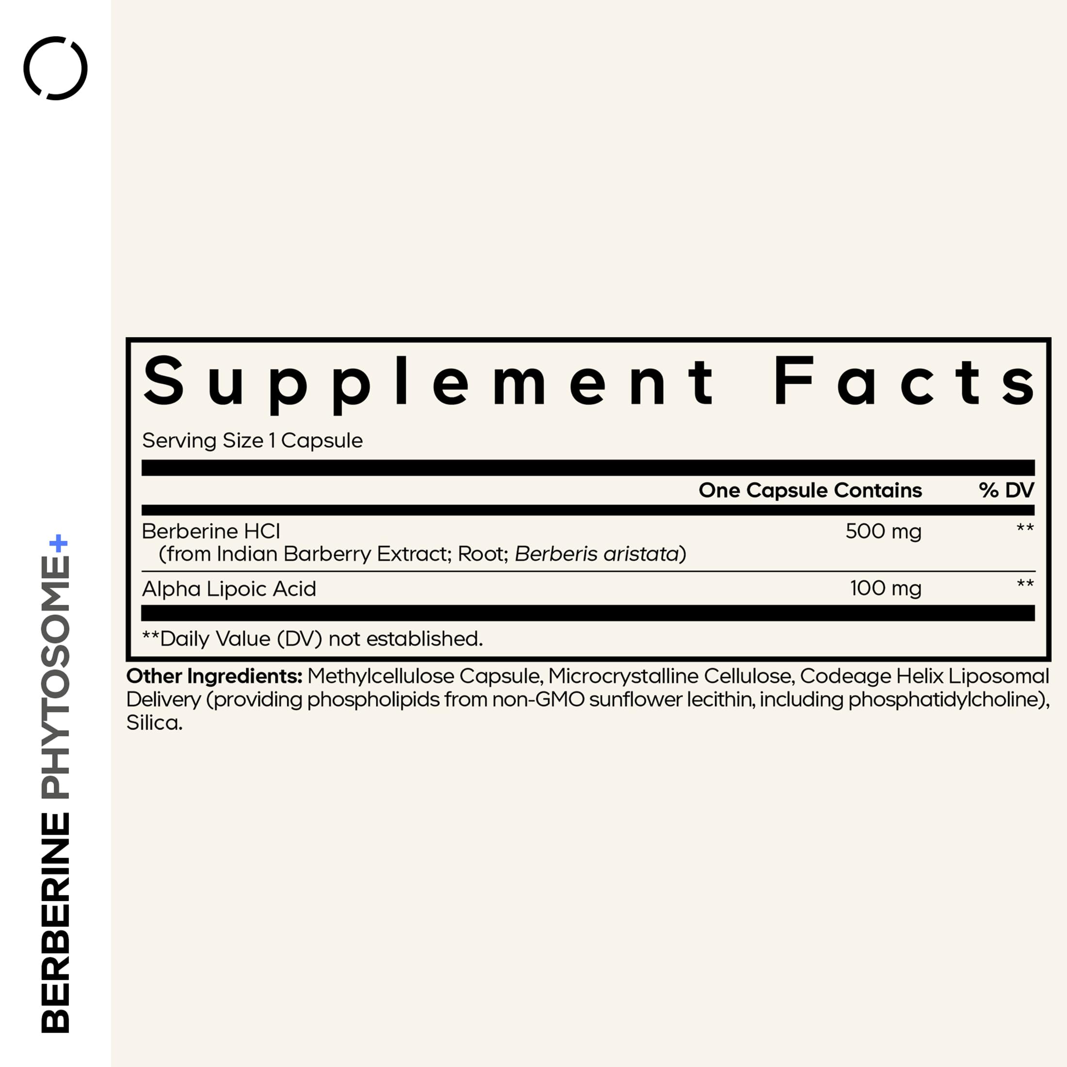 Close-up of Codeage Berberine Phytosome capsules highlighting 500 mg per serving