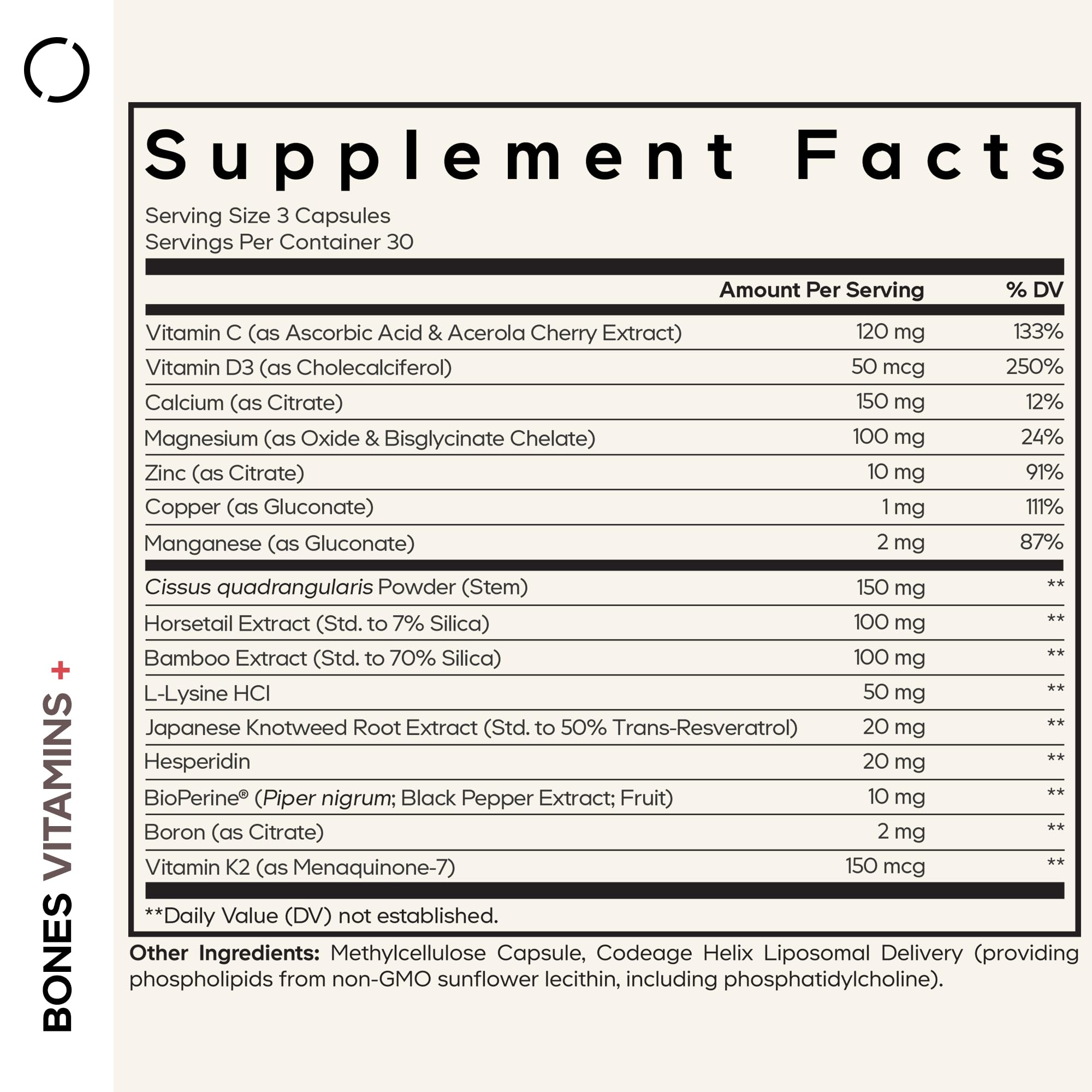 Codeage Bones Vitamins+ bottle back shows ingredients and usage context.