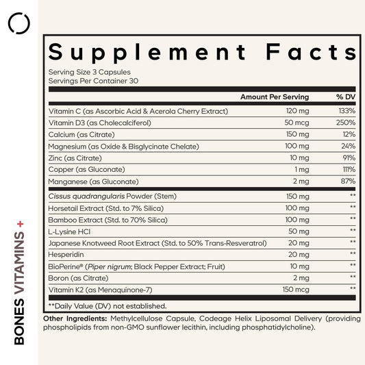 Codeage Bones Vitamins+ bottle back shows ingredients and usage context.