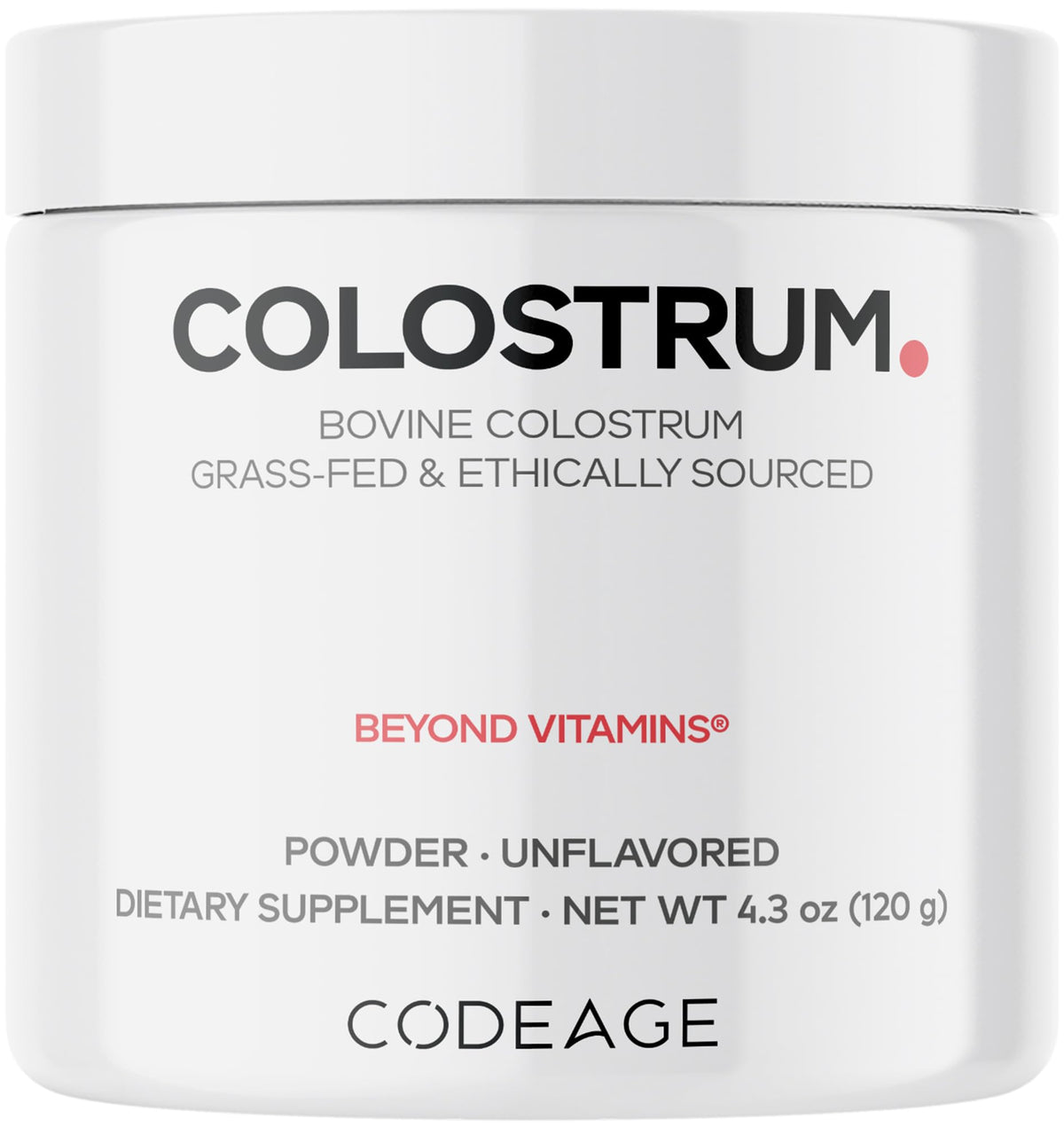 Codeage bovine colostrum powder bottle shows 4-month supply for ongoing daily use.