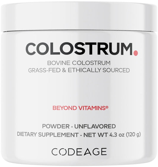 Codeage bovine colostrum powder bottle shows 4-month supply for ongoing daily use.