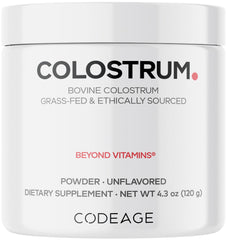 Codeage bovine colostrum powder bottle shows 4-month supply for ongoing daily use.