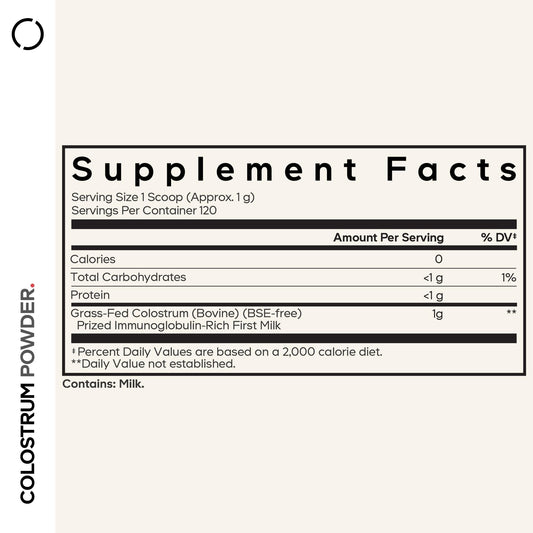 Codeage colostrum powder being poured for easy daily use.