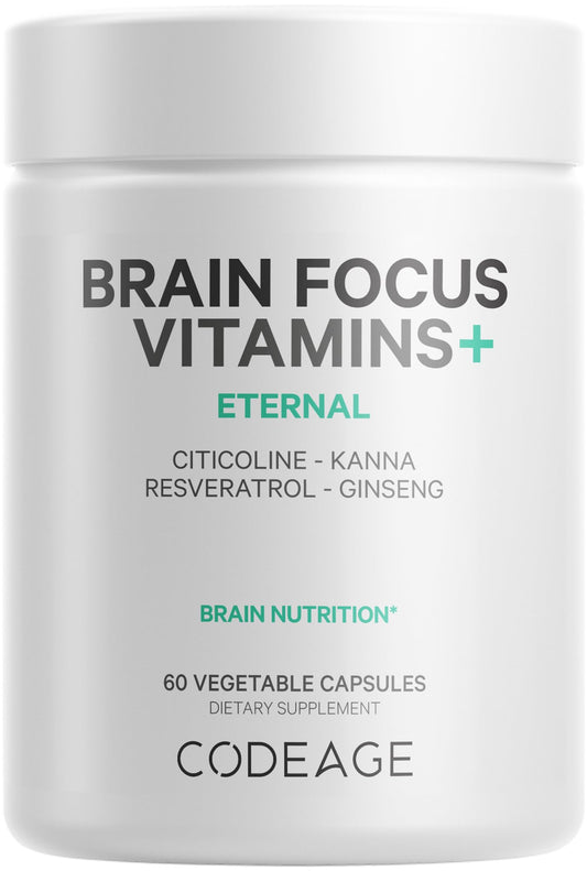 Codeage Brain Focus vitamins bottle supports daily focus during tasks.