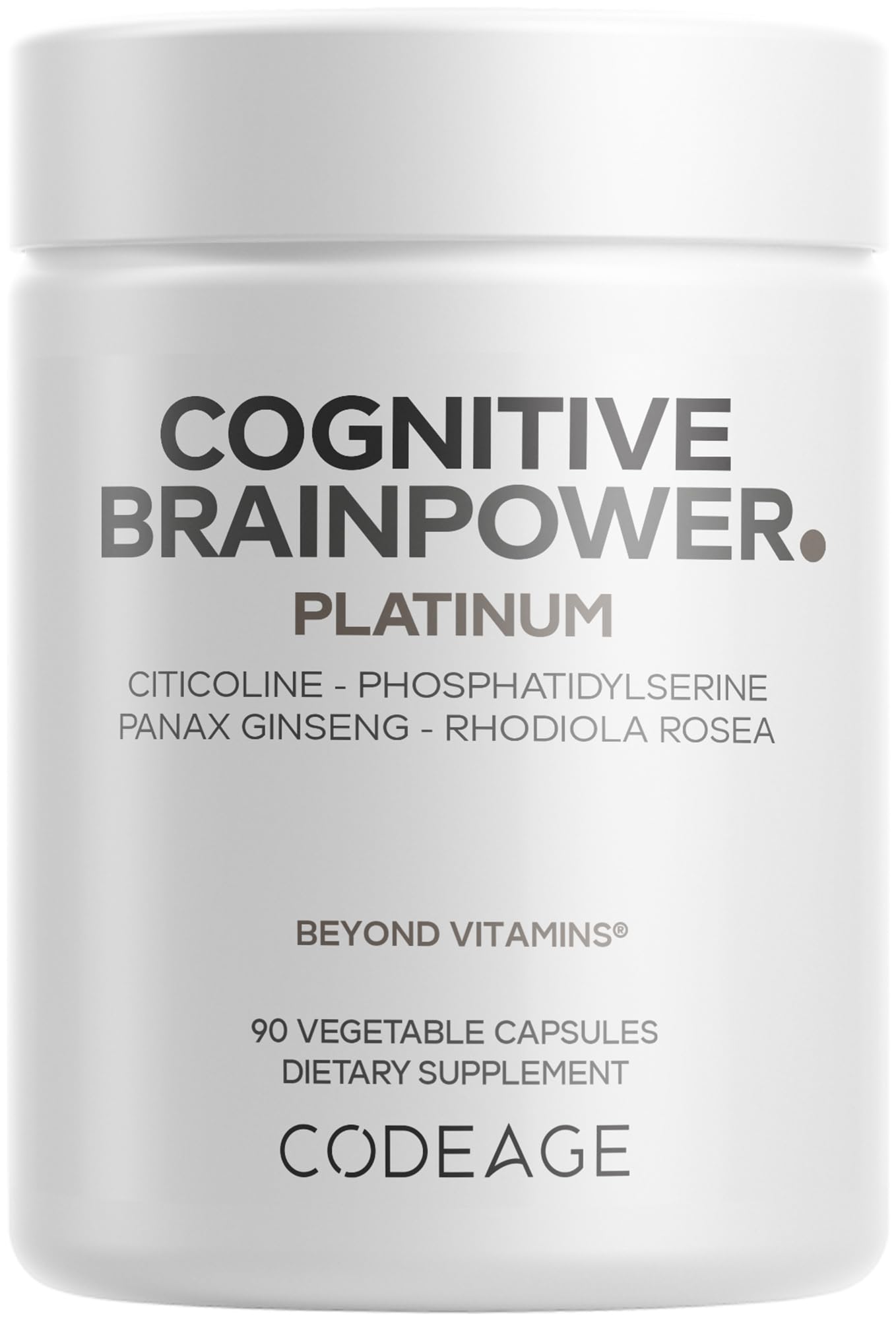 Codeage Brainpower Platinum bottle label highlighting Cognizin citicoline for focus