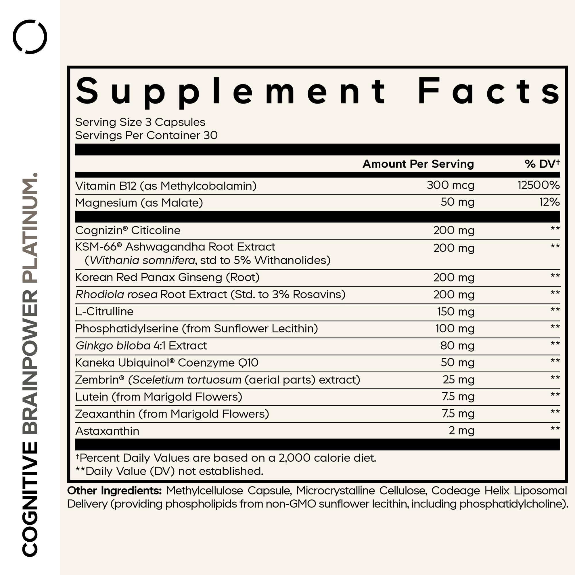 Codeage Brainpower Platinum capsules arranged for comprehensive cognitive support
