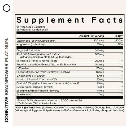 Codeage Brainpower Platinum capsules arranged for comprehensive cognitive support