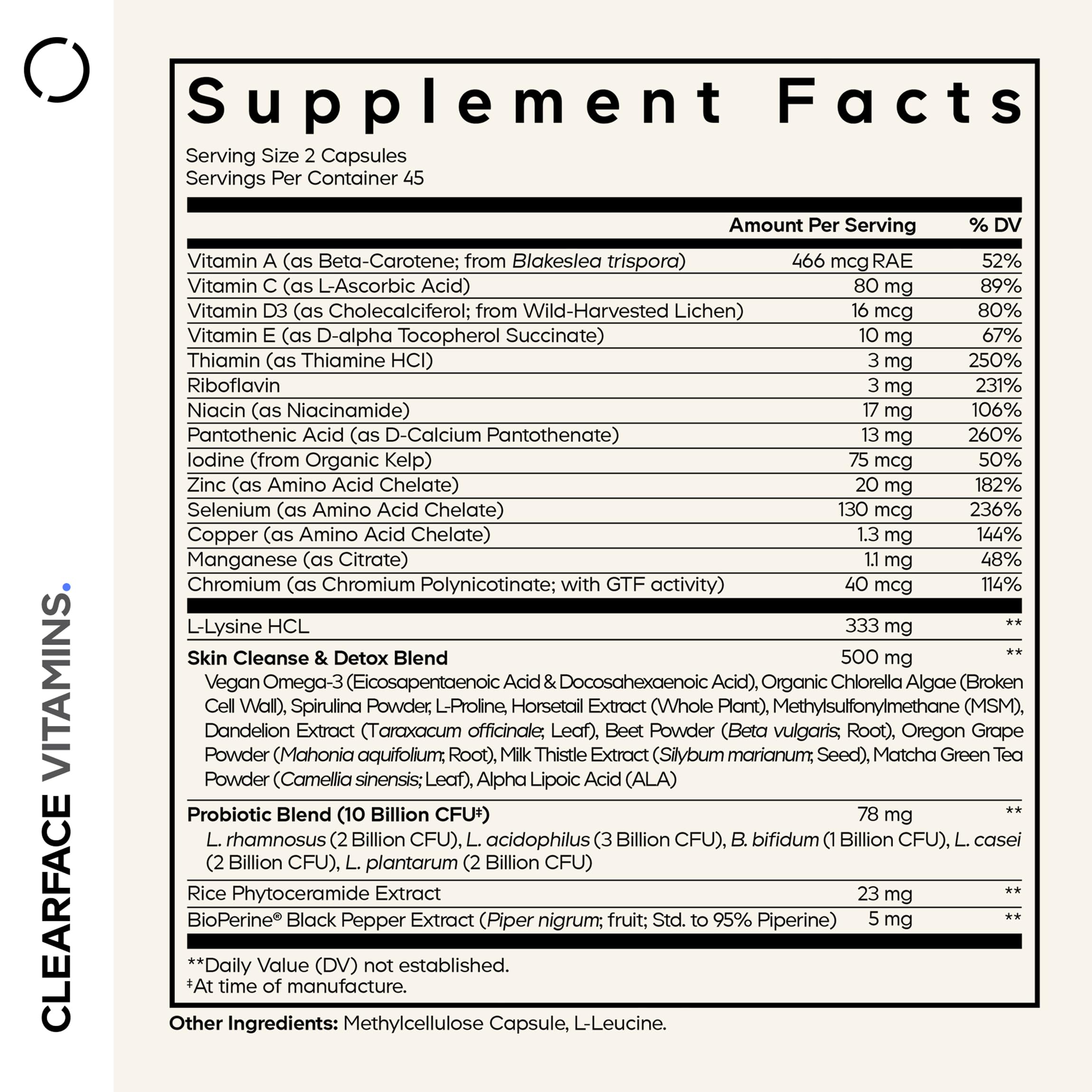 Codeage Clearface label closeup highlights key vitamins for radiant skin