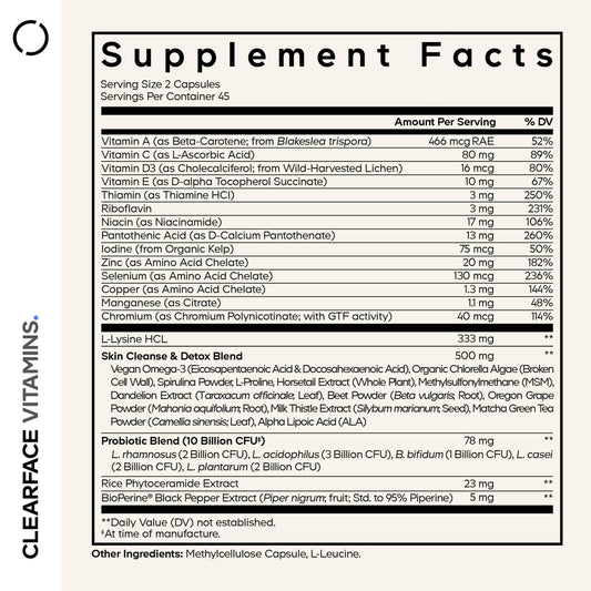 Codeage Clearface label closeup highlights key vitamins for radiant skin