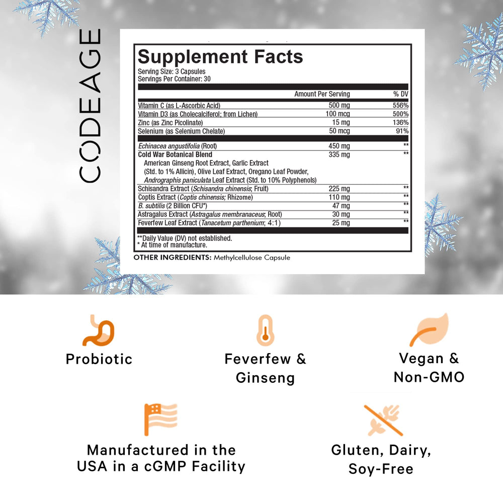 Codeage Clearhead label closeup shows echinacea and botanicals for immune-friendly support.