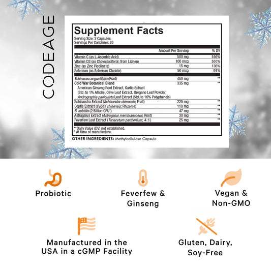 Codeage Clearhead label closeup shows echinacea and botanicals for immune-friendly support.