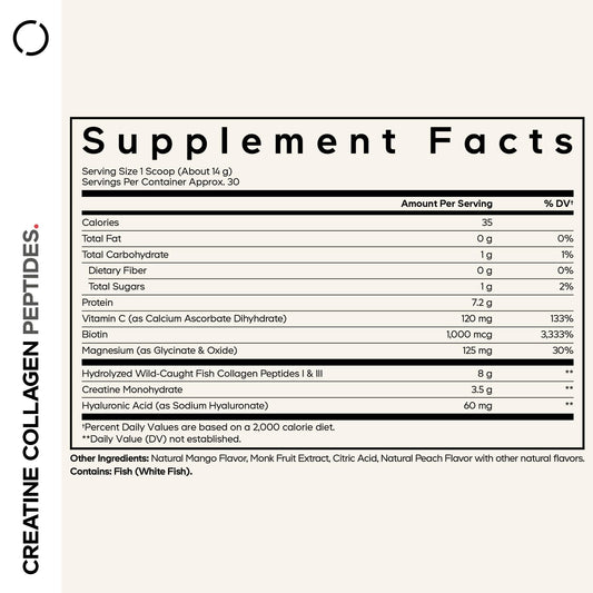 Codeage Creatine Collagen Peptides label closeup highlighting high-quality ingredients.