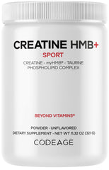 Codeage Creatine HMB+ powder bottle pour for easy pre or post workout mixing.