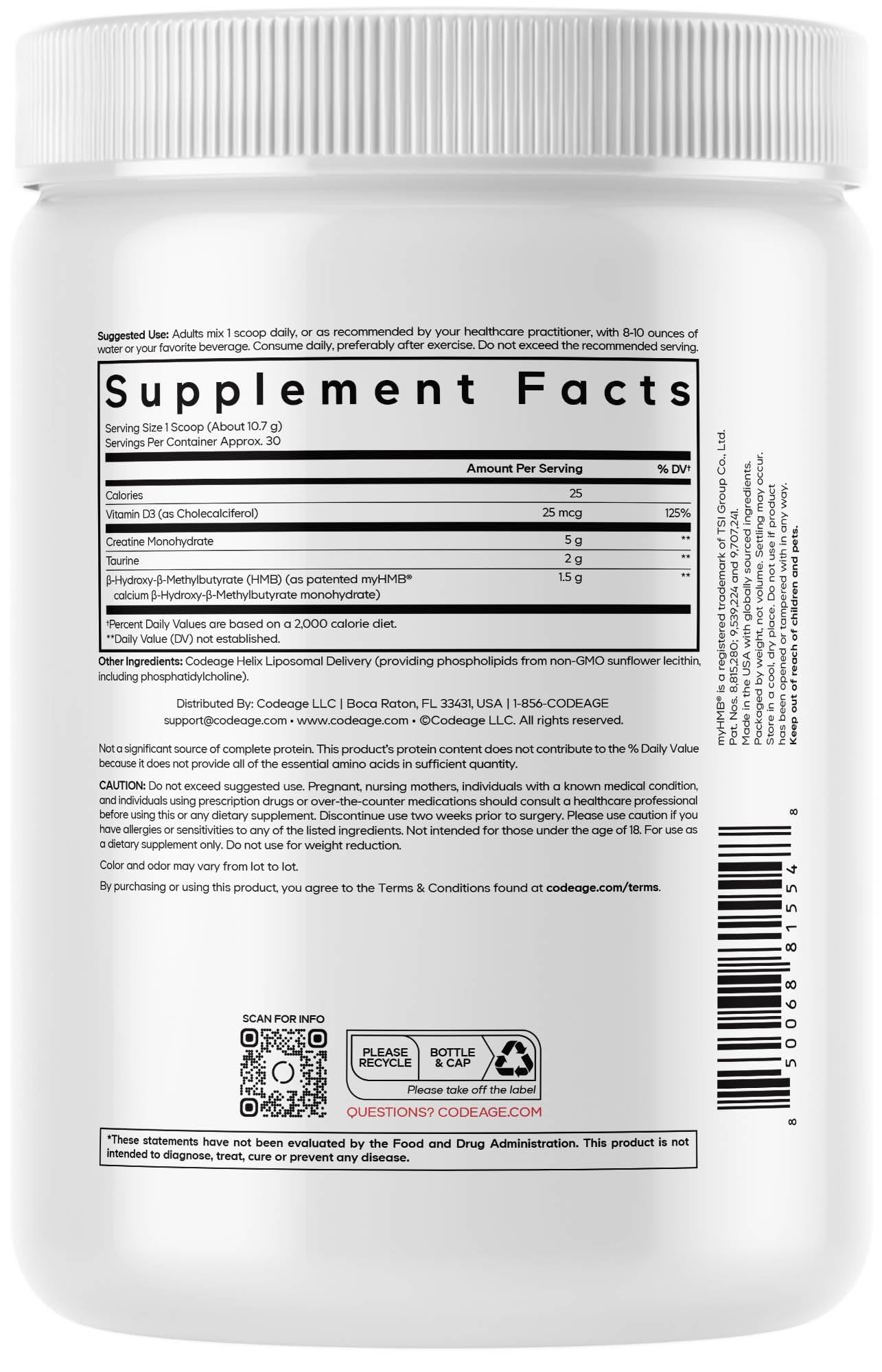 Codeage Creatine HMB+ powder with scoop beside jar highlights convenient daily serving.