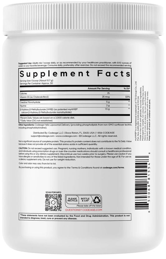 Codeage Creatine HMB+ powder with scoop beside jar highlights convenient daily serving.