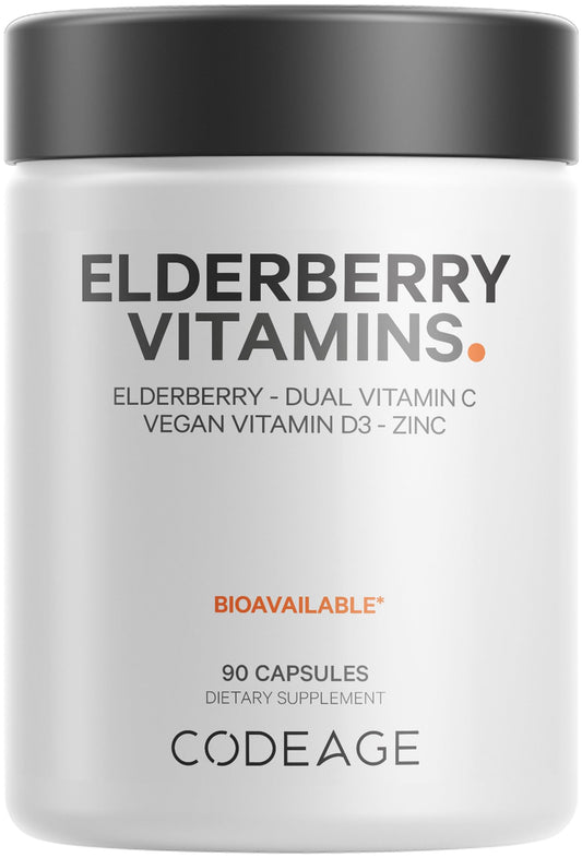Codeage Elderberry Vitamins bottle front highlights a premium daily wellness blend.