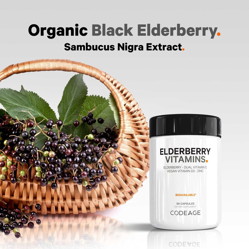 Codeage Elderberry Vitamins capsules pack demonstrates convenient daily capsules for easy supplementation.